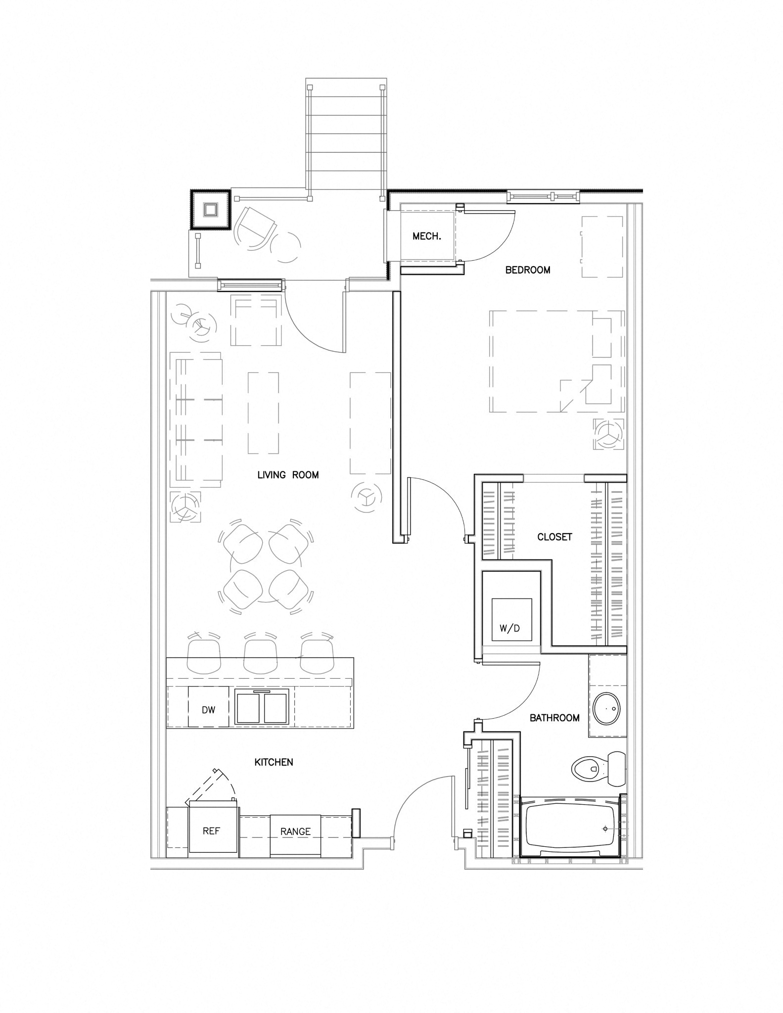 Floor plan for 1 bed, 1 bath, 735 sqft